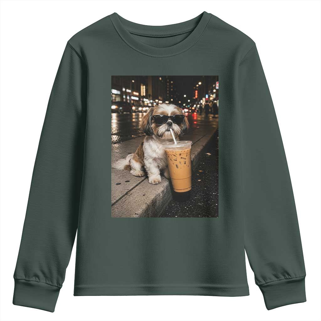 Funny Shih Tzu Drinking Iced Coffee Youth Sweatshirt Vintage Dog Lover TS10 Dark Forest Green Print Your Wear