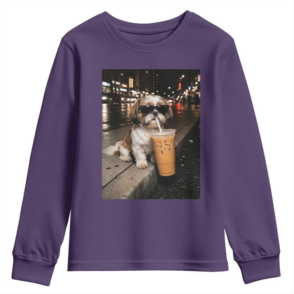Funny Shih Tzu Drinking Iced Coffee Youth Sweatshirt Vintage Dog Lover TS10 Purple Print Your Wear