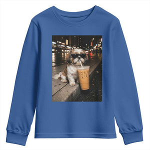Funny Shih Tzu Drinking Iced Coffee Youth Sweatshirt Vintage Dog Lover TS10 Royal Blue Print Your Wear