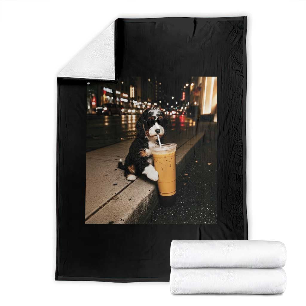 Bernedoodle Dog Drinking Iced Coffee Throw Blanket Funny Coffee Lover Gift for Dog Moms Dads TS10 Black Print Your Wear