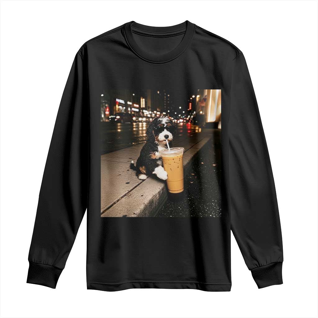 Bernedoodle Dog Drinking Iced Coffee Long Sleeve Shirt Funny Coffee Lover Gift for Dog Moms Dads TS10 Black Print Your Wear