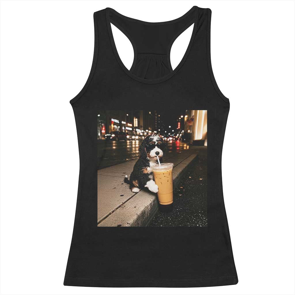 Bernedoodle Dog Drinking Iced Coffee Racerback Tank Top Funny Coffee Lover Gift for Dog Moms Dads TS10 Black Print Your Wear