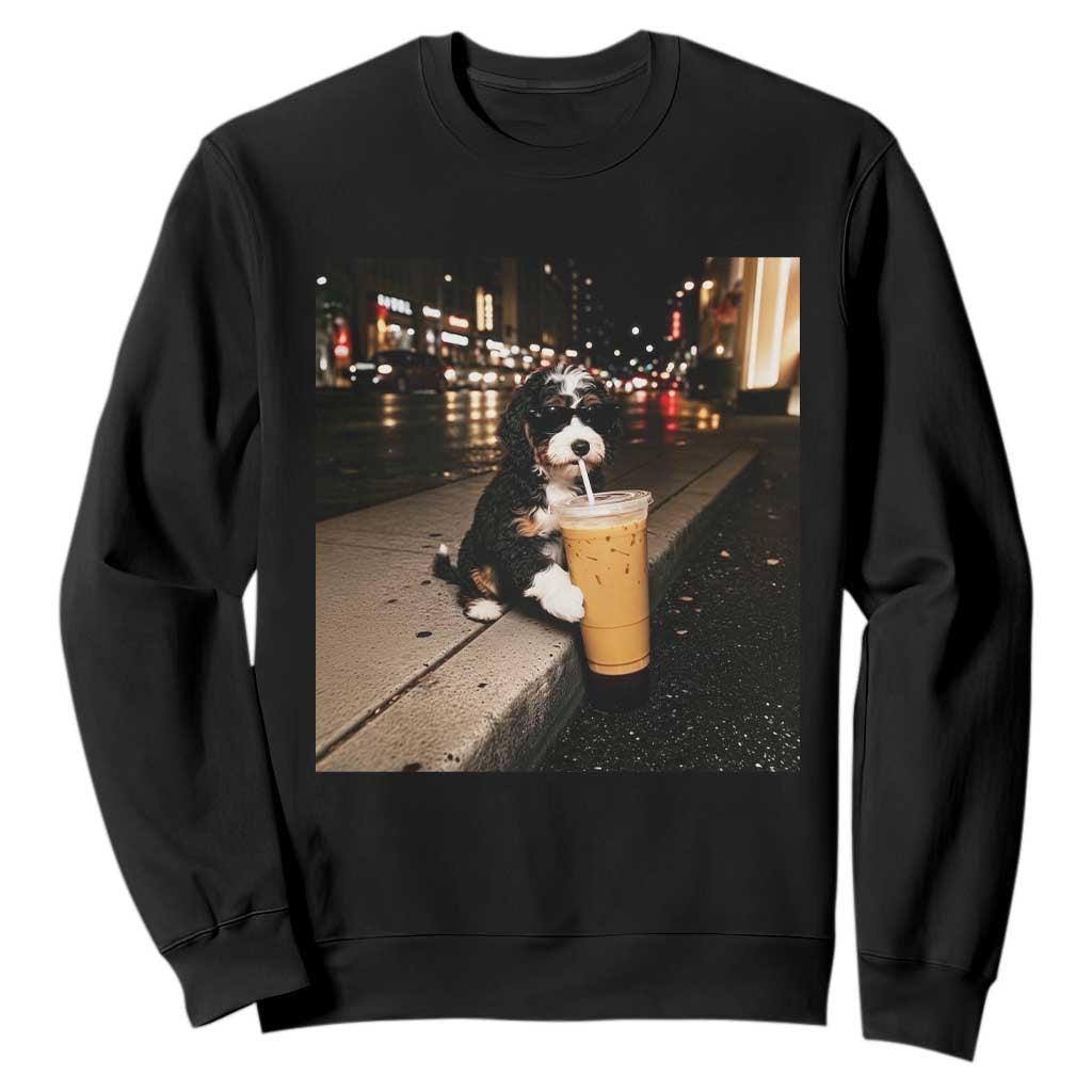Bernedoodle Dog Drinking Iced Coffee Sweatshirt Funny Coffee Lover Gift for Dog Moms Dads TS10 Black Print Your Wear