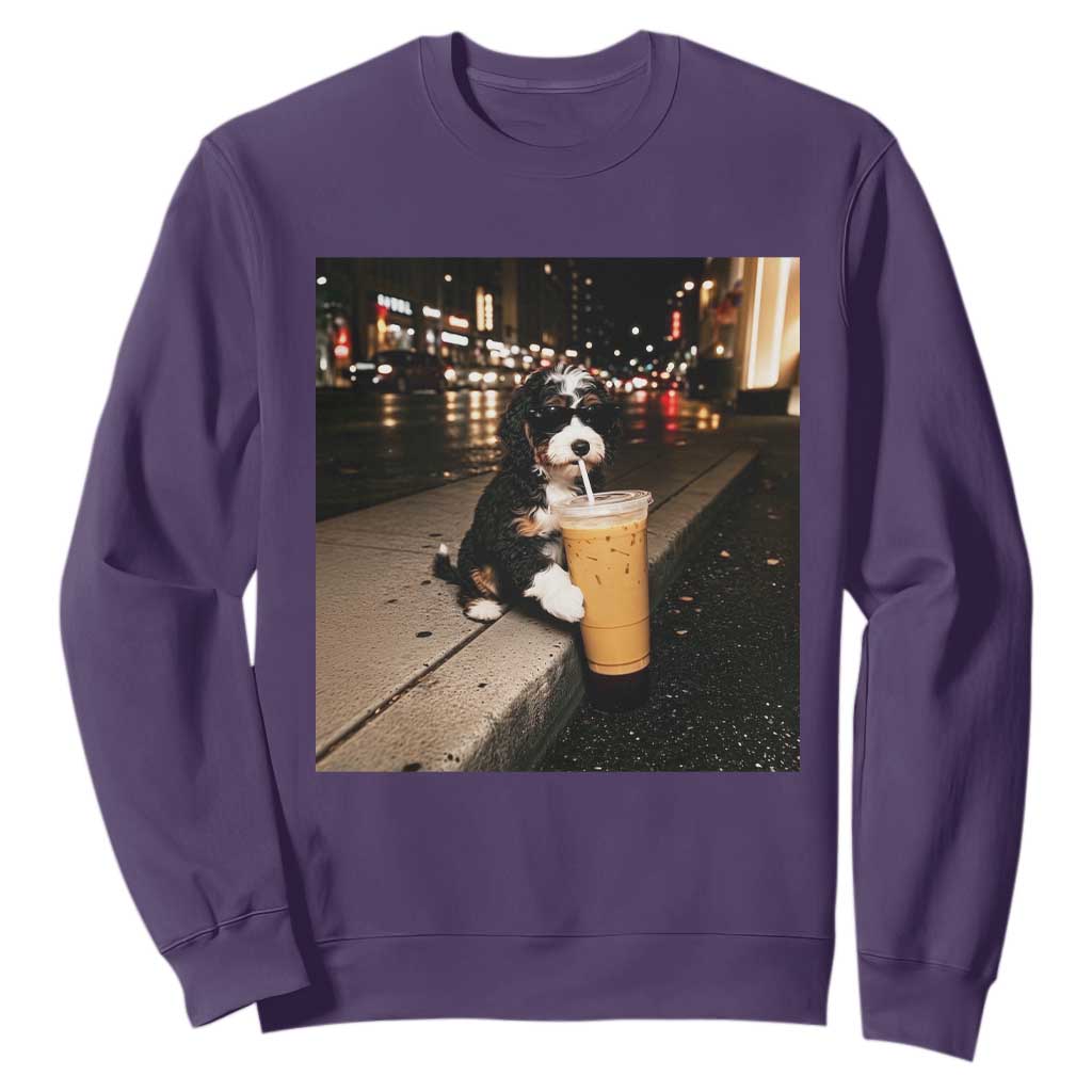 Bernedoodle Dog Drinking Iced Coffee Sweatshirt Funny Coffee Lover Gift for Dog Moms Dads TS10 Purple Print Your Wear