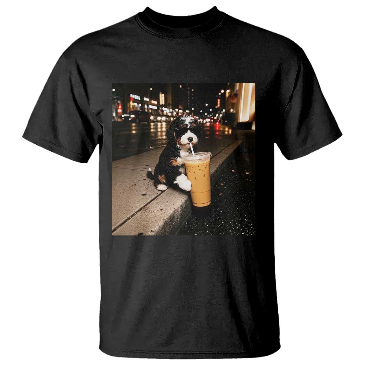 Bernedoodle Dog Drinking Iced Coffee T Shirt Funny Coffee Lover Gift for Dog Moms Dads TS10 Black Print Your Wear