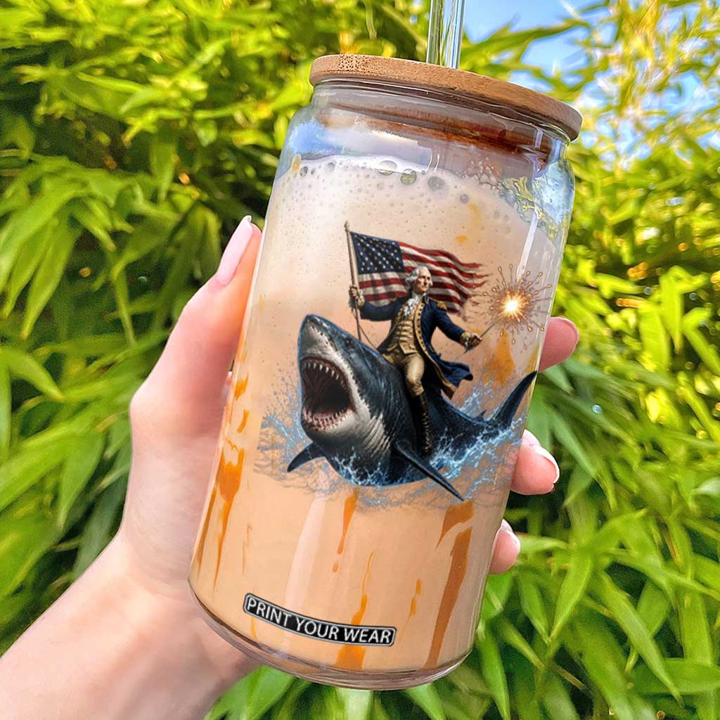 George Washington Riding Shark Glass Can Funny 4th Of July Independence Day 1776 Meme American Flag TS10 Black Print Your Wear
