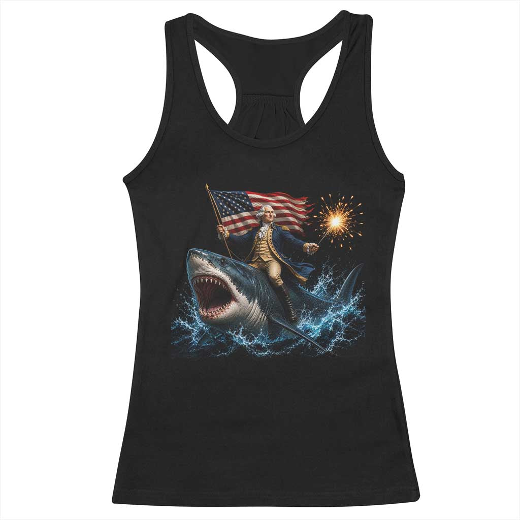 George Washington Riding Shark Racerback Tank Top Funny 4th Of July Independence Day 1776 Meme American Flag TS10 Black Print Your Wear
