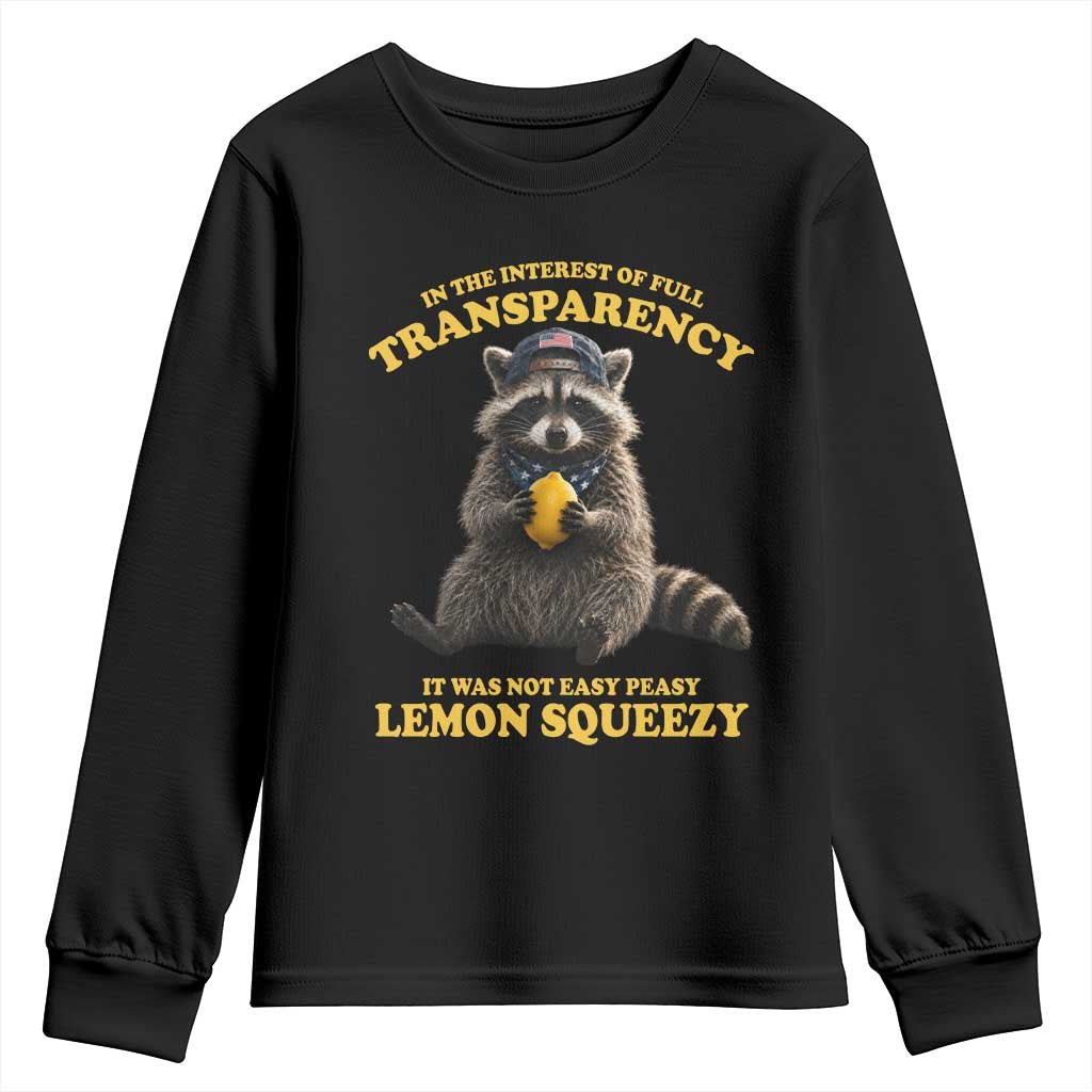 Funny Raccoon Meme Youth Sweatshirt In The Interest Of Full Transparency It Was Not Easy Peasy Lemon Squeezy TS10 Black Print Your Wear