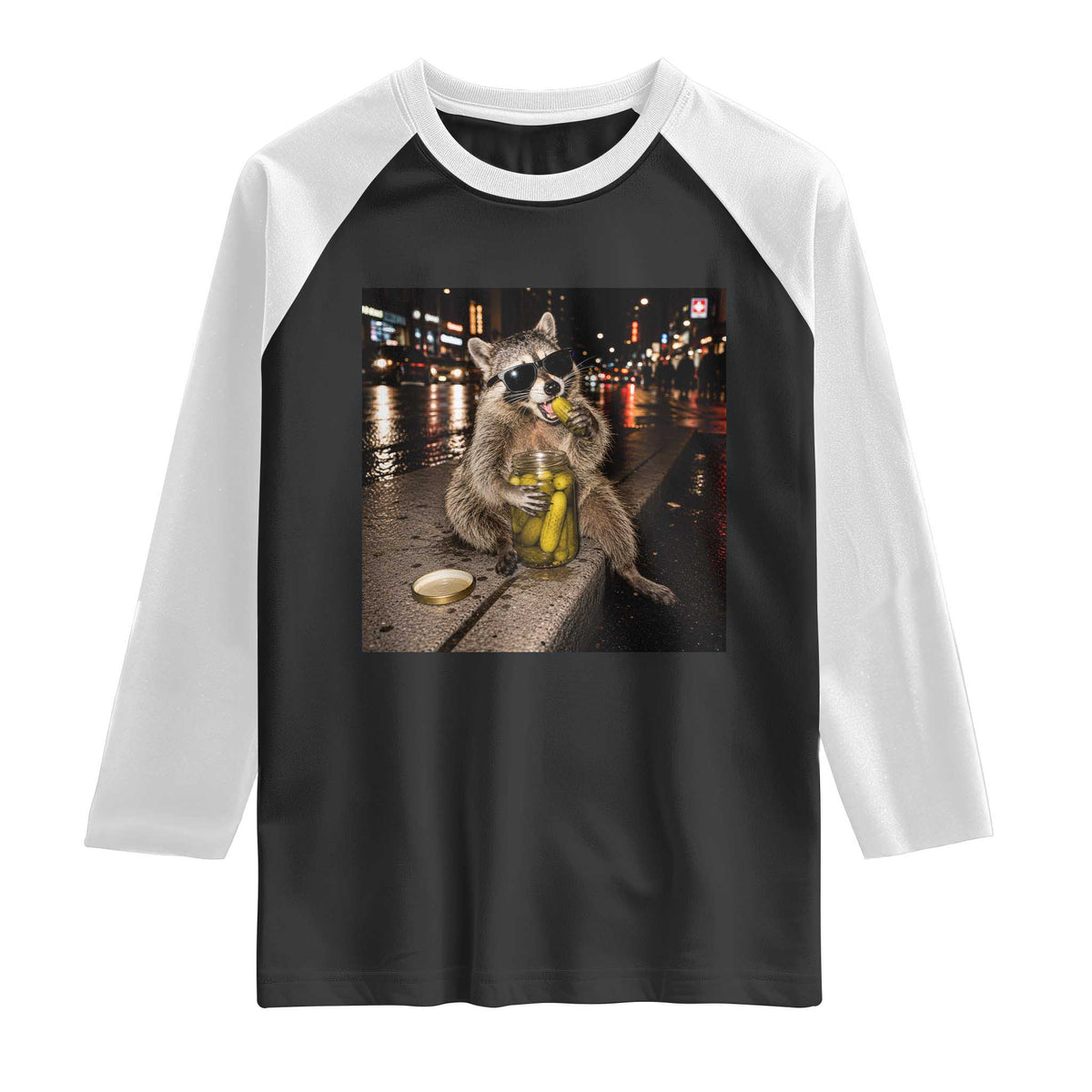 Funny Raccoon Eating Pickles Meme Raglan Shirt TS10 Black White Print Your Wear