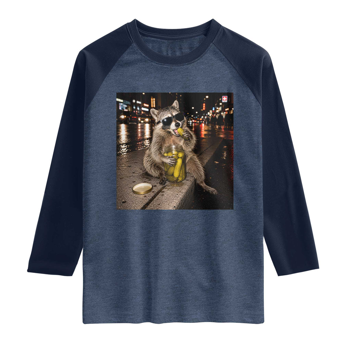 Funny Raccoon Eating Pickles Meme Raglan Shirt TS10 Heather Denim Navy Print Your Wear