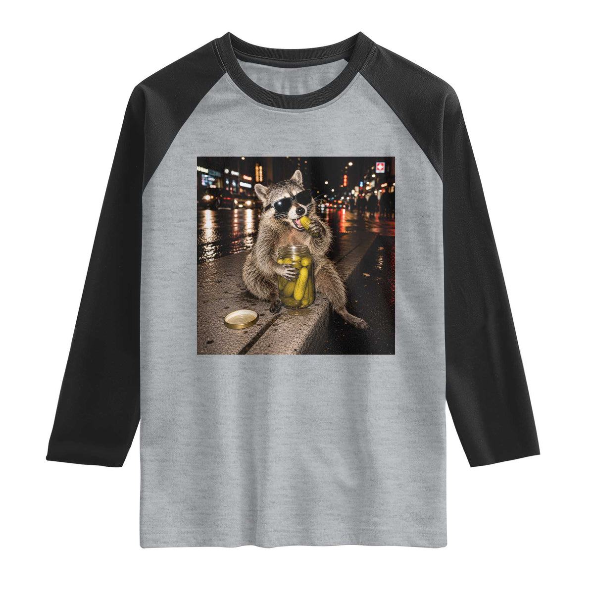 Funny Raccoon Eating Pickles Meme Raglan Shirt TS10 Heather Gray Black Print Your Wear