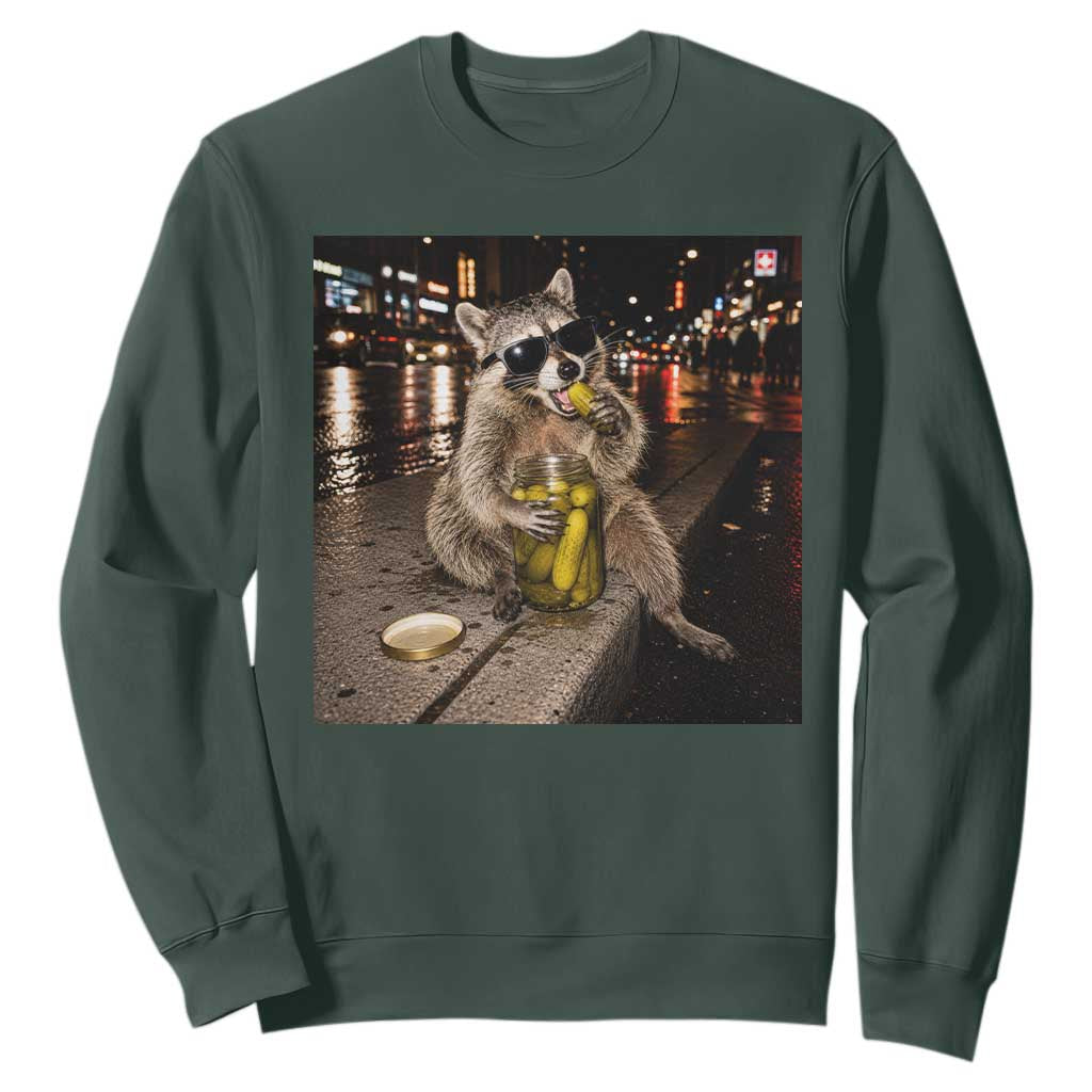Funny Raccoon Eating Pickles Meme Sweatshirt TS10 Dark Forest Green Print Your Wear