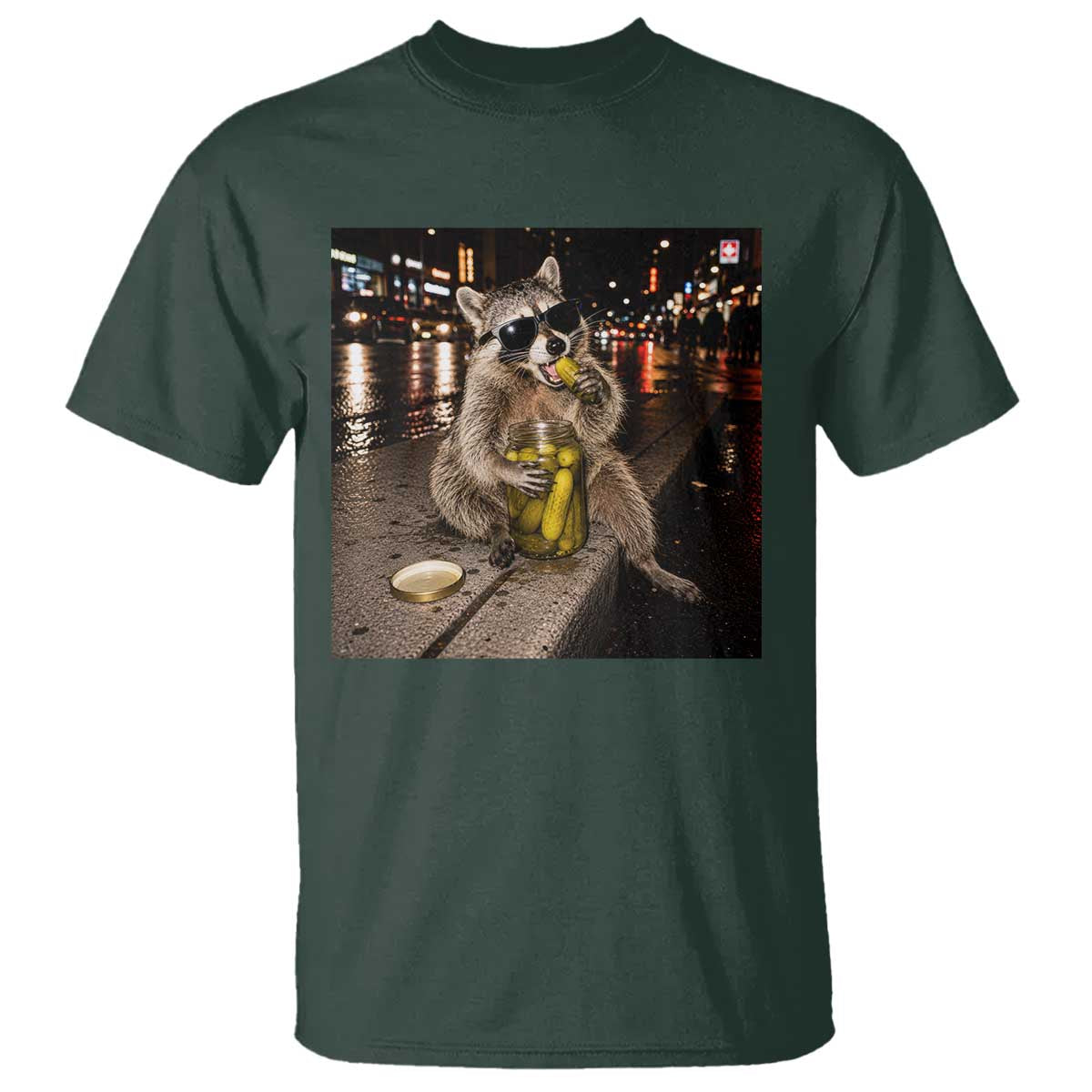Funny Raccoon Eating Pickles Meme T Shirt TS10 Dark Forest Green Print Your Wear