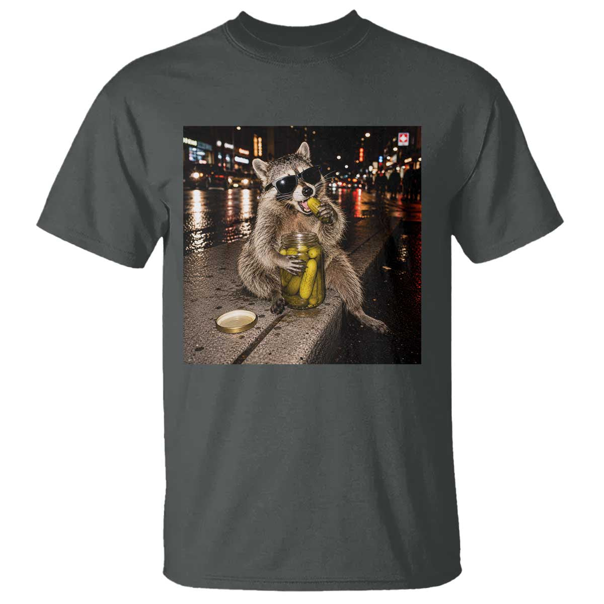 Funny Raccoon Eating Pickles Meme T Shirt TS10 Dark Heather Print Your Wear