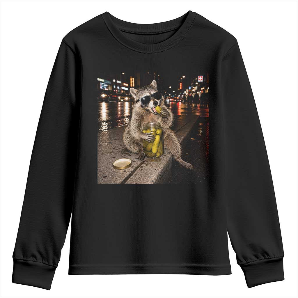 Funny Raccoon Eating Pickles Meme Youth Sweatshirt TS10 Black Print Your Wear