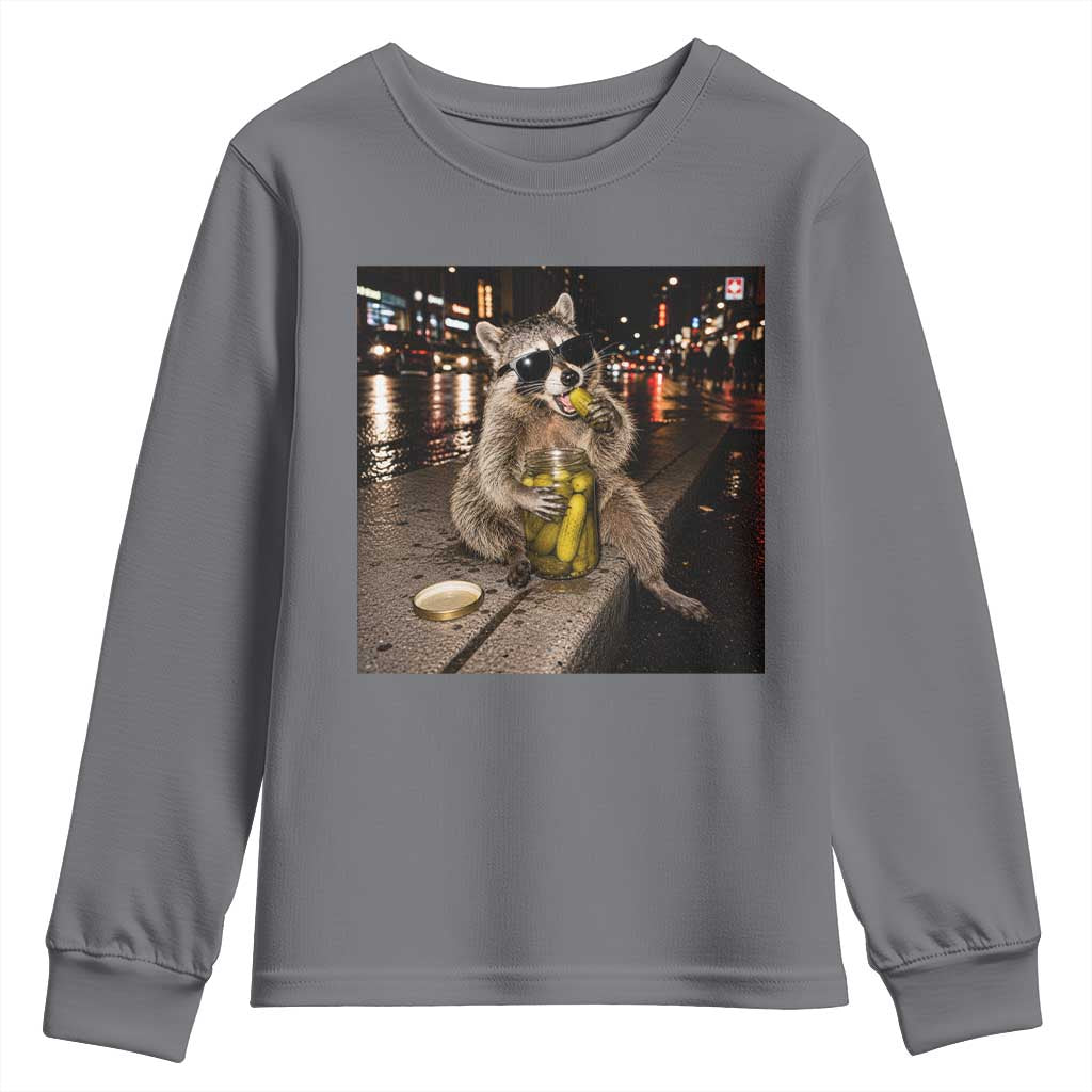Funny Raccoon Eating Pickles Meme Youth Sweatshirt TS10 Charcoal Print Your Wear