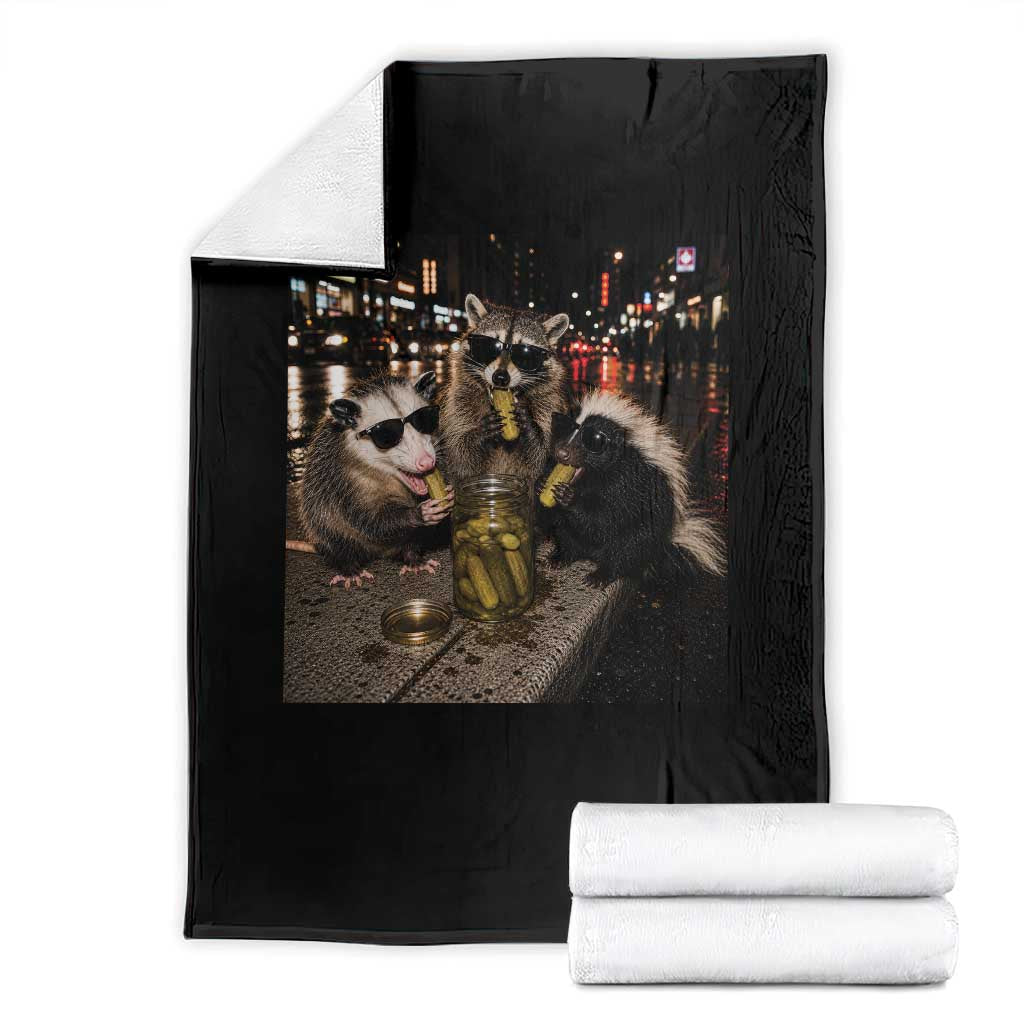 Funny Raccoon Skunk Possum Eating Pickles Throw Blanket Support Local Street Cats Retro Animal Meme TS10 Black Print Your Wear