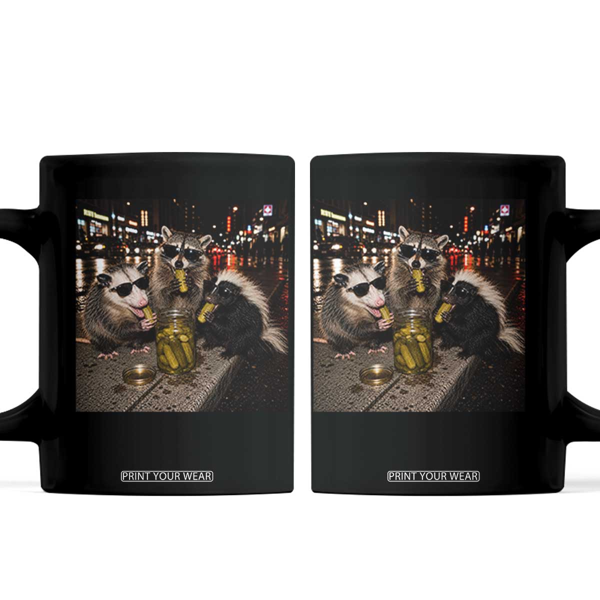 Funny Raccoon Skunk Possum Eating Pickles Coffee Mug Support Local Street Cats Retro Animal Meme TS10 Black Print Your Wear