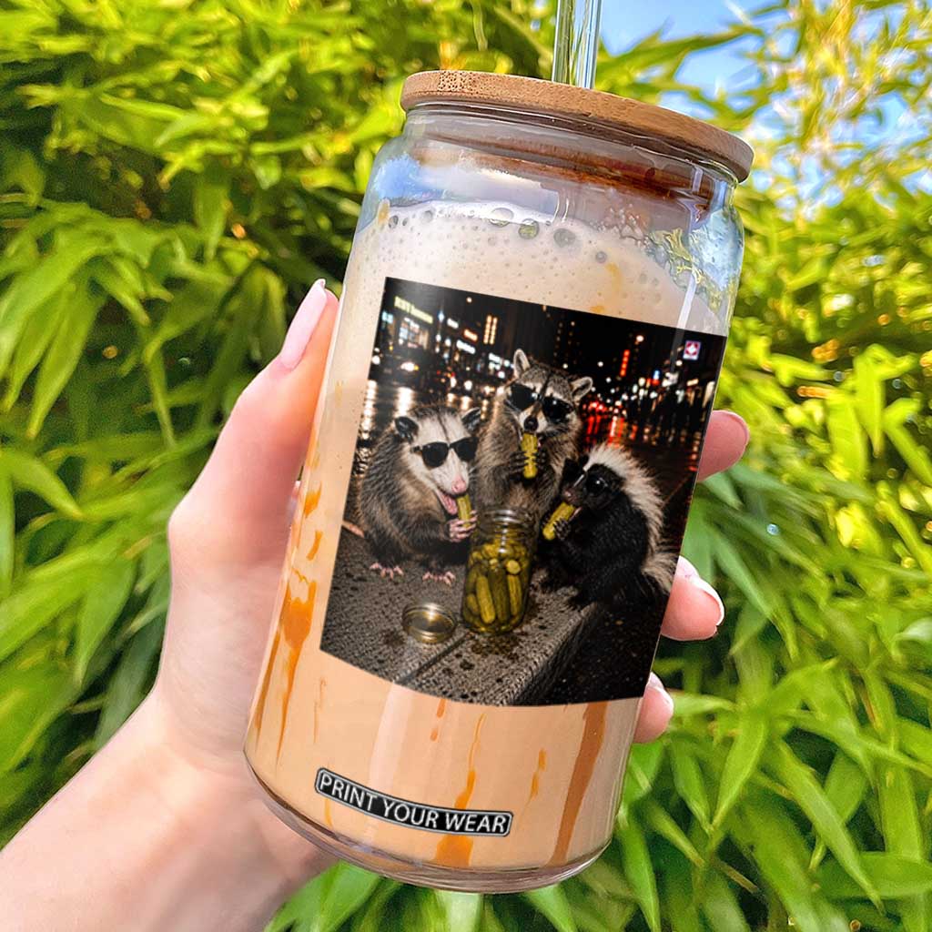 Funny Raccoon Skunk Possum Eating Pickles Glass Can Support Local Street Cats Retro Animal Meme TS10 Black Print Your Wear