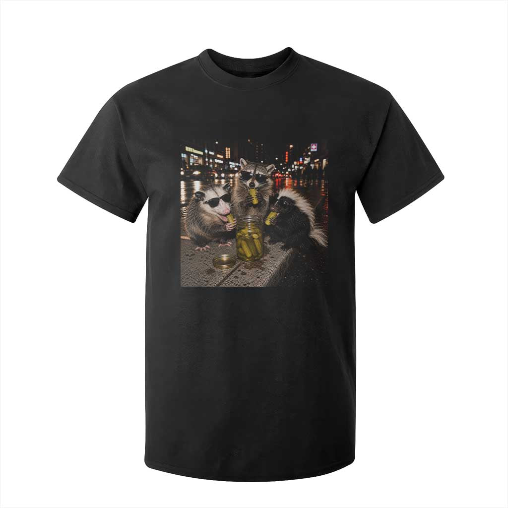 Funny Raccoon Skunk Possum Eating Pickles T Shirt For Kid Support Local Street Cats Retro Animal Meme TS10 Black Print Your Wear