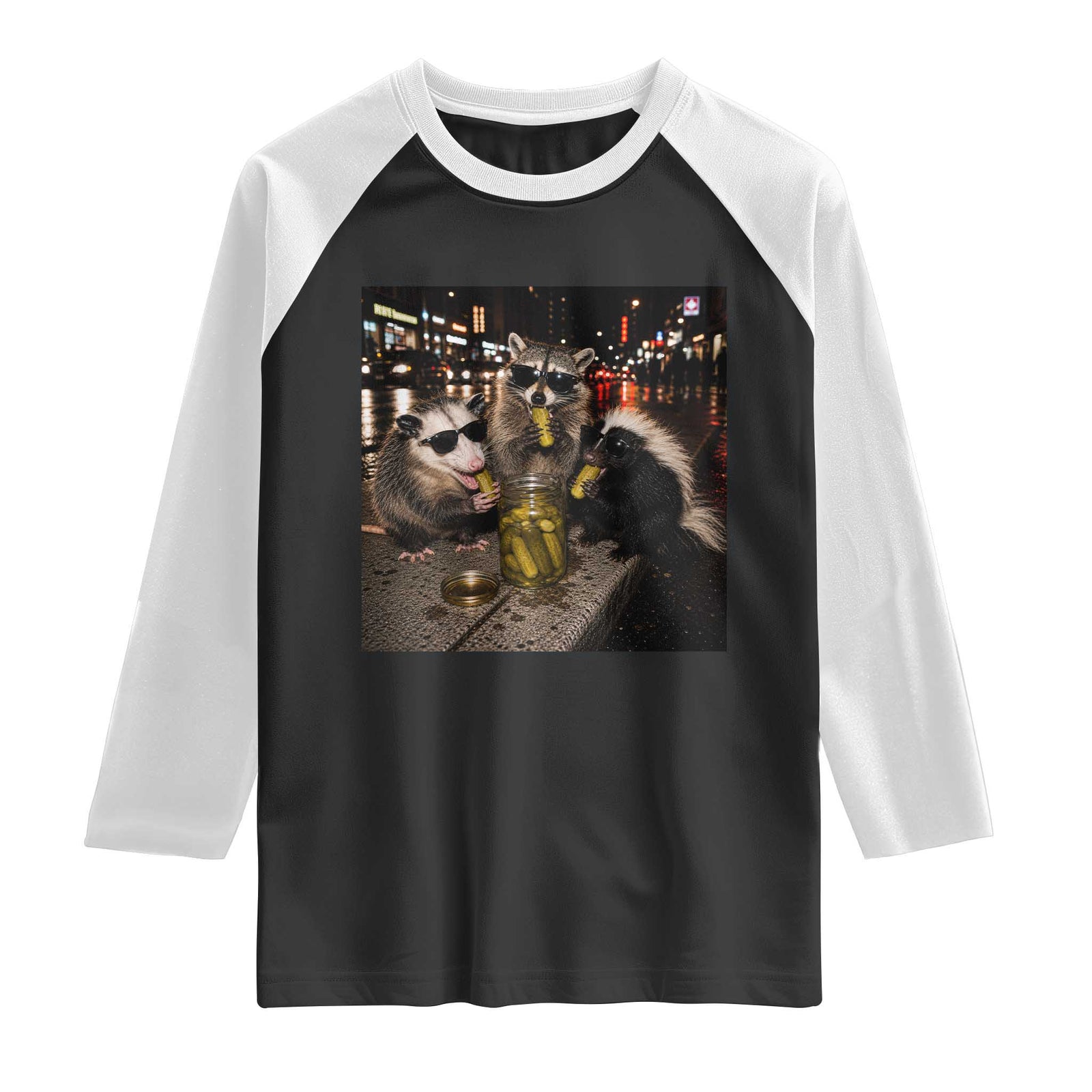 Funny Raccoon Skunk Possum Eating Pickles Raglan Shirt Support Local Street Cats Retro Animal Meme TS10 Black White Print Your Wear
