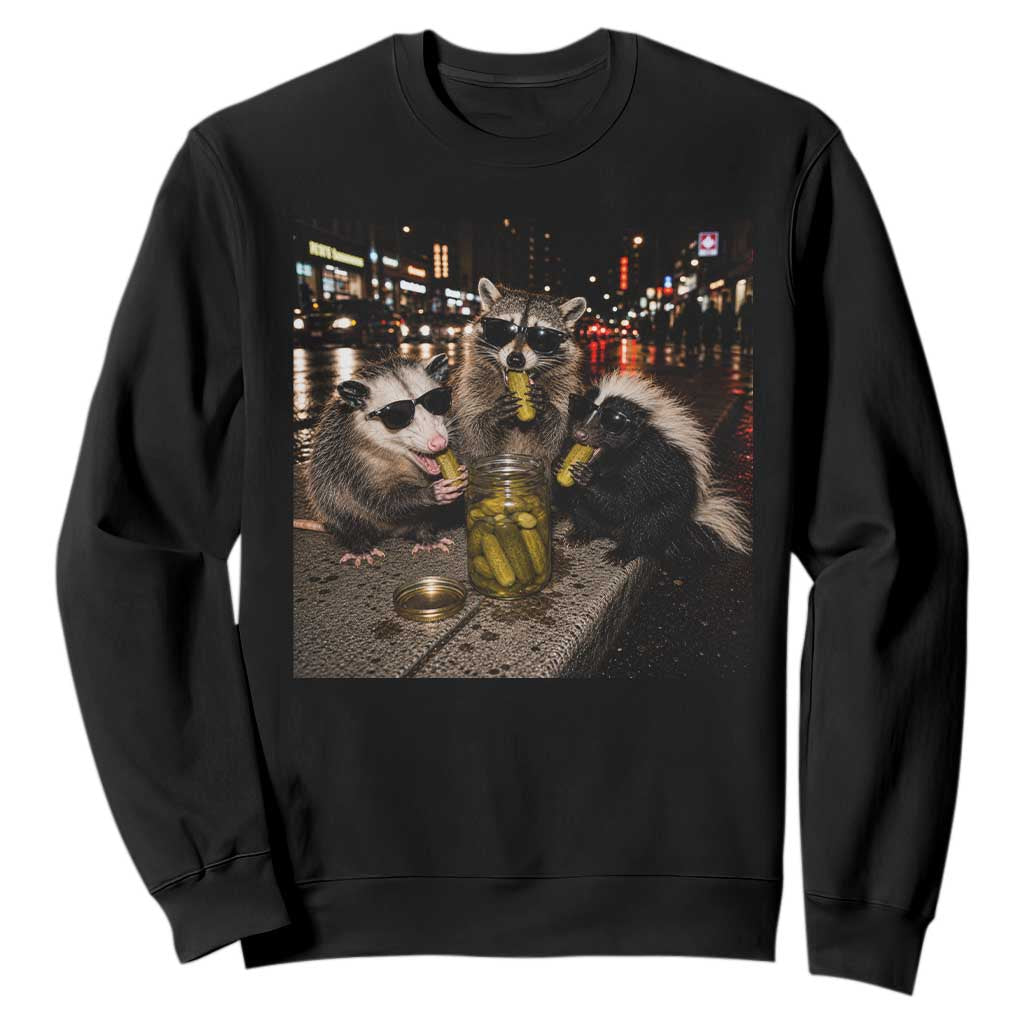 Funny Raccoon Skunk Possum Eating Pickles Sweatshirt Support Local Street Cats Retro Animal Meme TS10 Black Print Your Wear