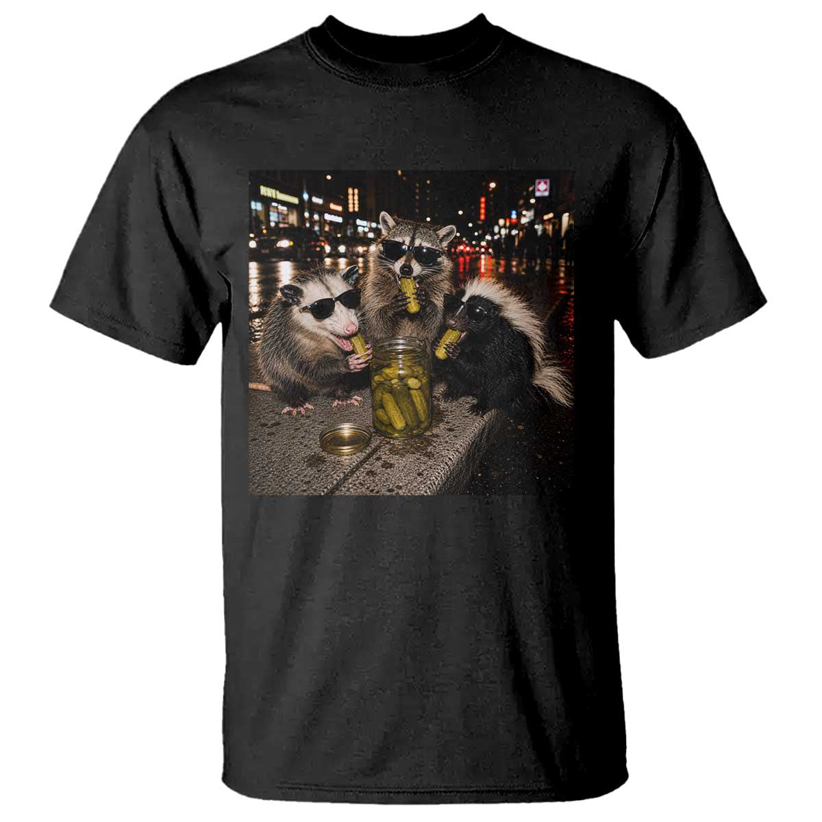 Funny Raccoon Skunk Possum Eating Pickles T Shirt Support Local Street Cats Retro Animal Meme TS10 Black Print Your Wear