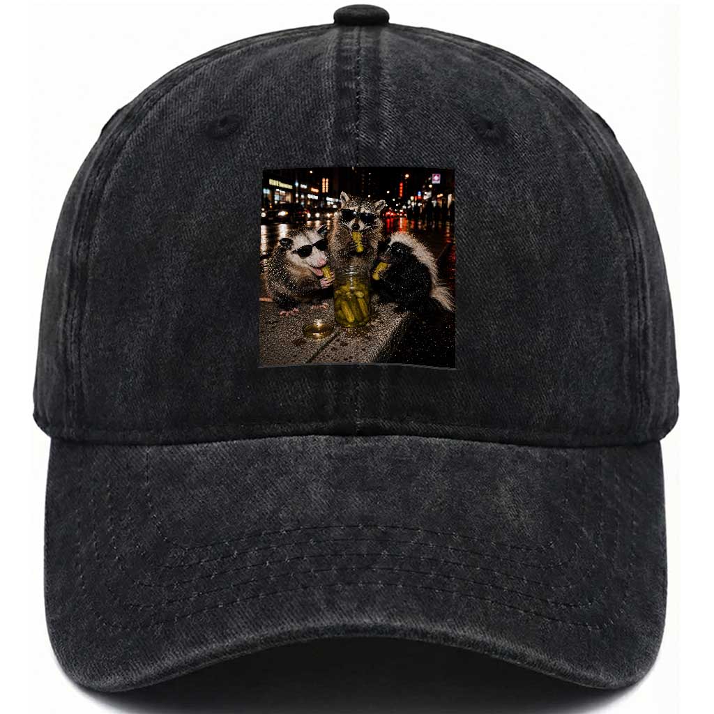 Funny Raccoon Skunk Possum Eating Pickles Washed Cotton Baseball Cap Support Local Street Cats Retro Animal Meme TS10 Print Your Wear
