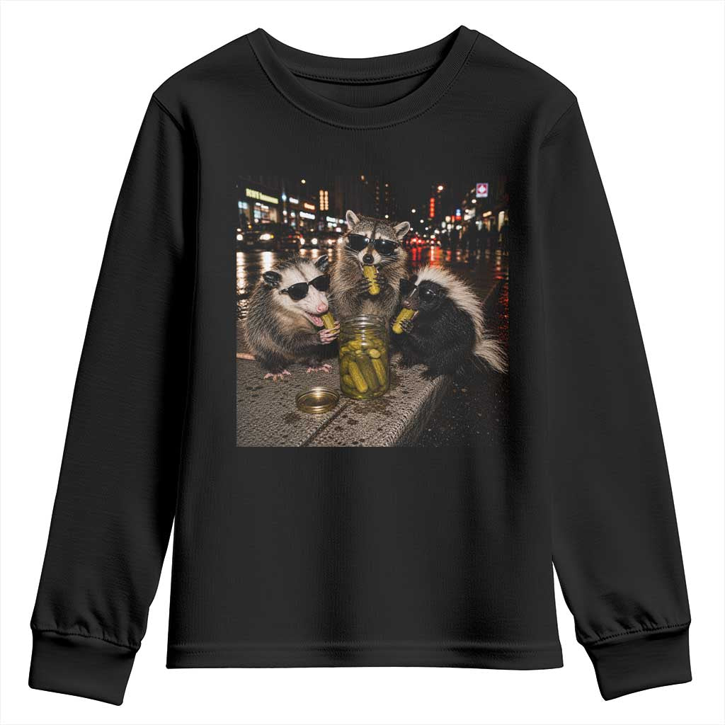 Funny Raccoon Skunk Possum Eating Pickles Youth Sweatshirt Support Local Street Cats Retro Animal Meme TS10 Black Print Your Wear