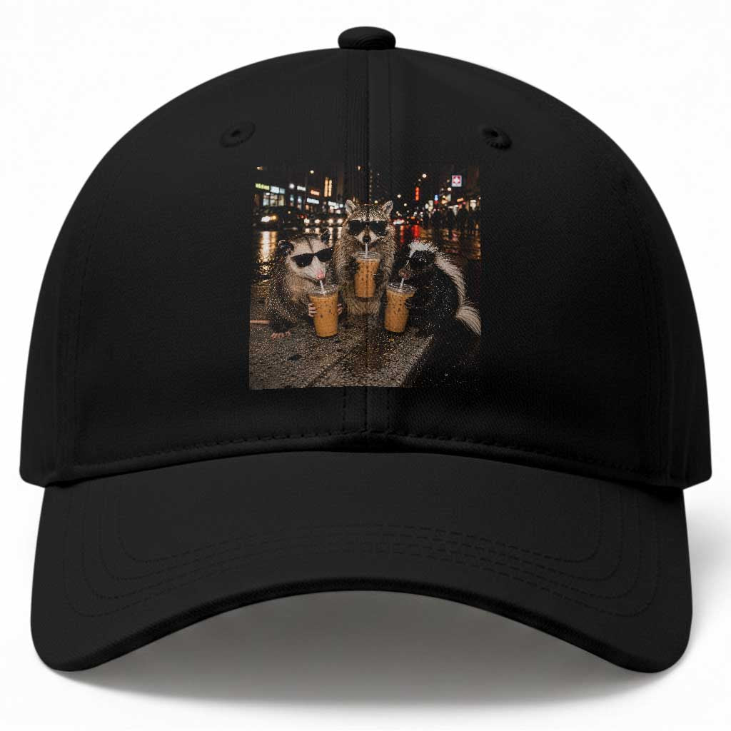 Funny Raccoon Skunk Possum Drinking Iced Coffee Baseball Cap Support Local Street Cats Retro Animal Meme TS10 Print Your Wear