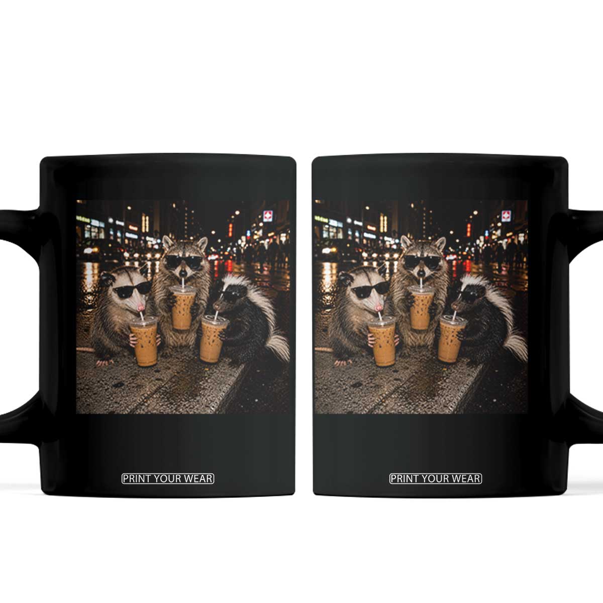 Funny Raccoon Skunk Possum Drinking Iced Coffee Coffee Mug Support Local Street Cats Retro Animal Meme TS10 Black Print Your Wear