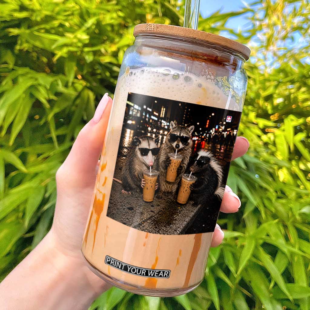Funny Raccoon Skunk Possum Drinking Iced Coffee Glass Can Support Local Street Cats Retro Animal Meme TS10 Black Print Your Wear