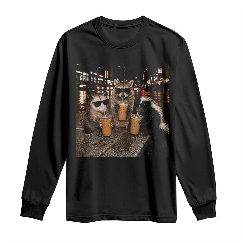 Funny Raccoon Skunk Possum Drinking Iced Coffee Long Sleeve Shirt Support Local Street Cats Retro Animal Meme TS10 Black Print Your Wear