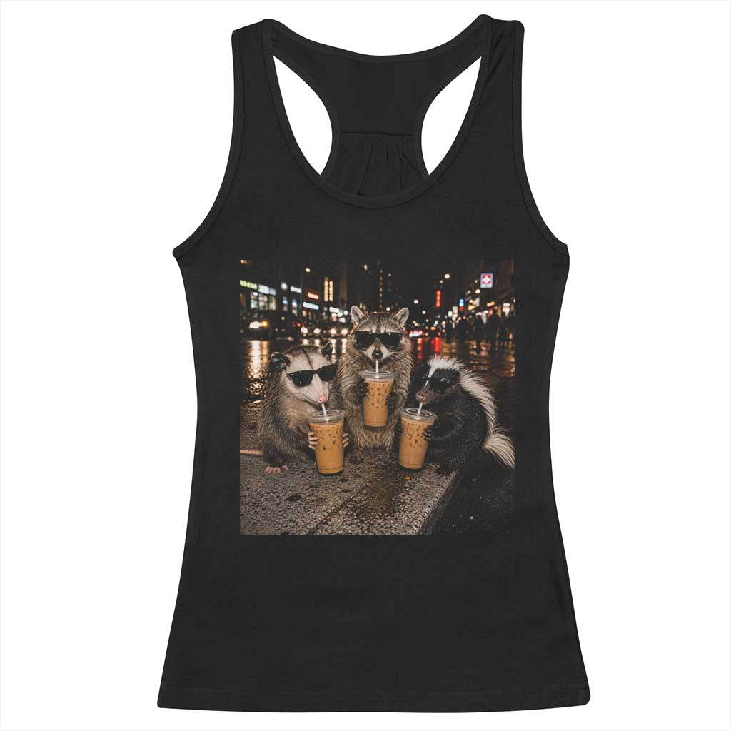 Funny Raccoon Skunk Possum Drinking Iced Coffee Racerback Tank Top Support Local Street Cats Retro Animal Meme TS10 Black Print Your Wear