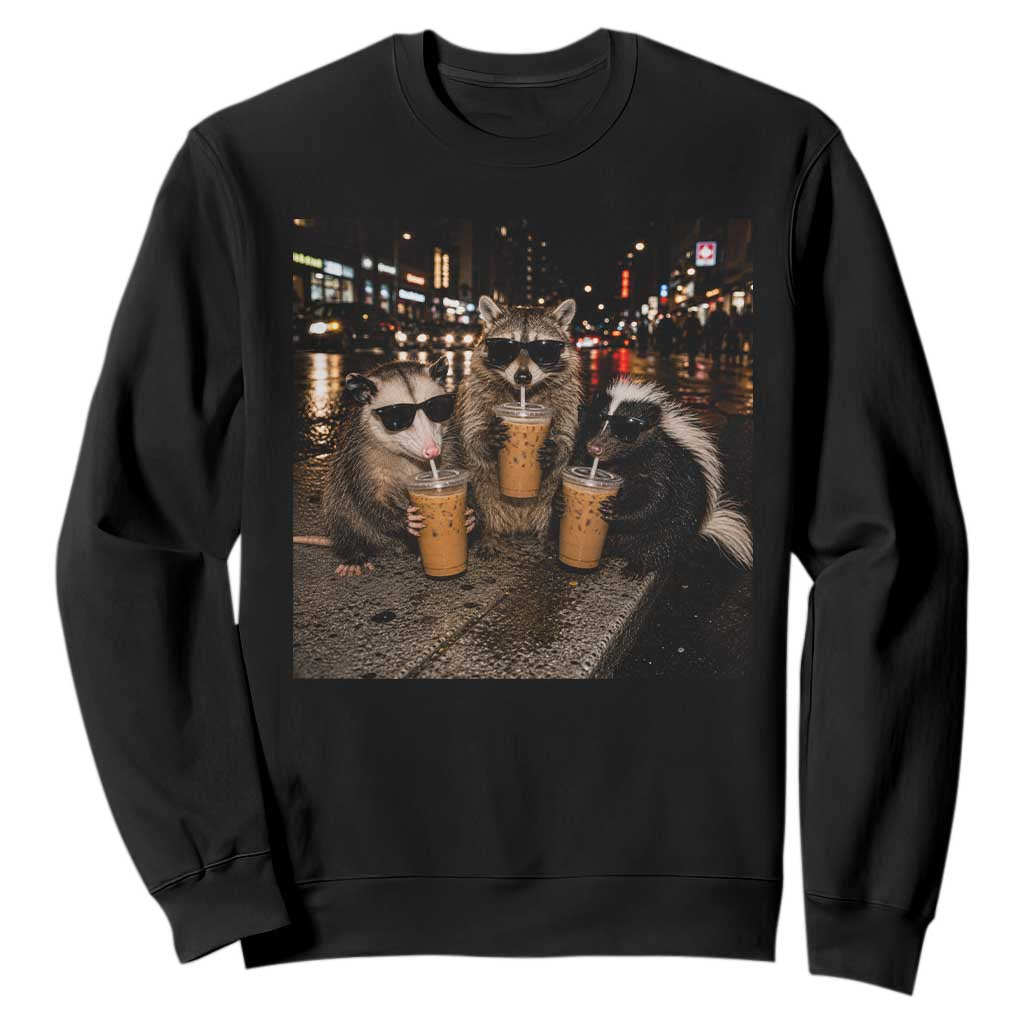Funny Raccoon Skunk Possum Drinking Iced Coffee Sweatshirt Support Local Street Cats Retro Animal Meme TS10 Black Print Your Wear