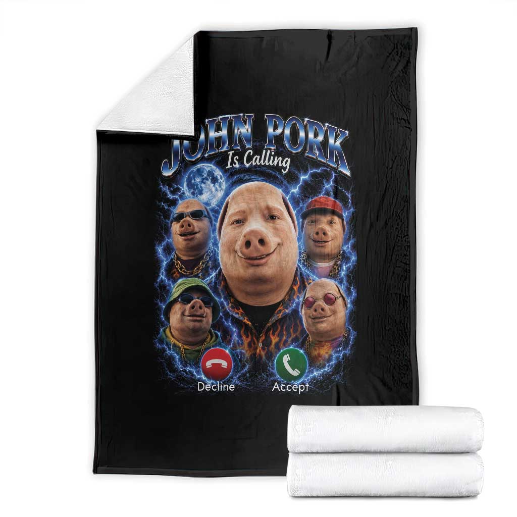 John Pork Calling Throw Blanket Funny Answer Call Phone Brainrot Meme Vintage Bootleg Graphic TS10 Black Print Your Wear