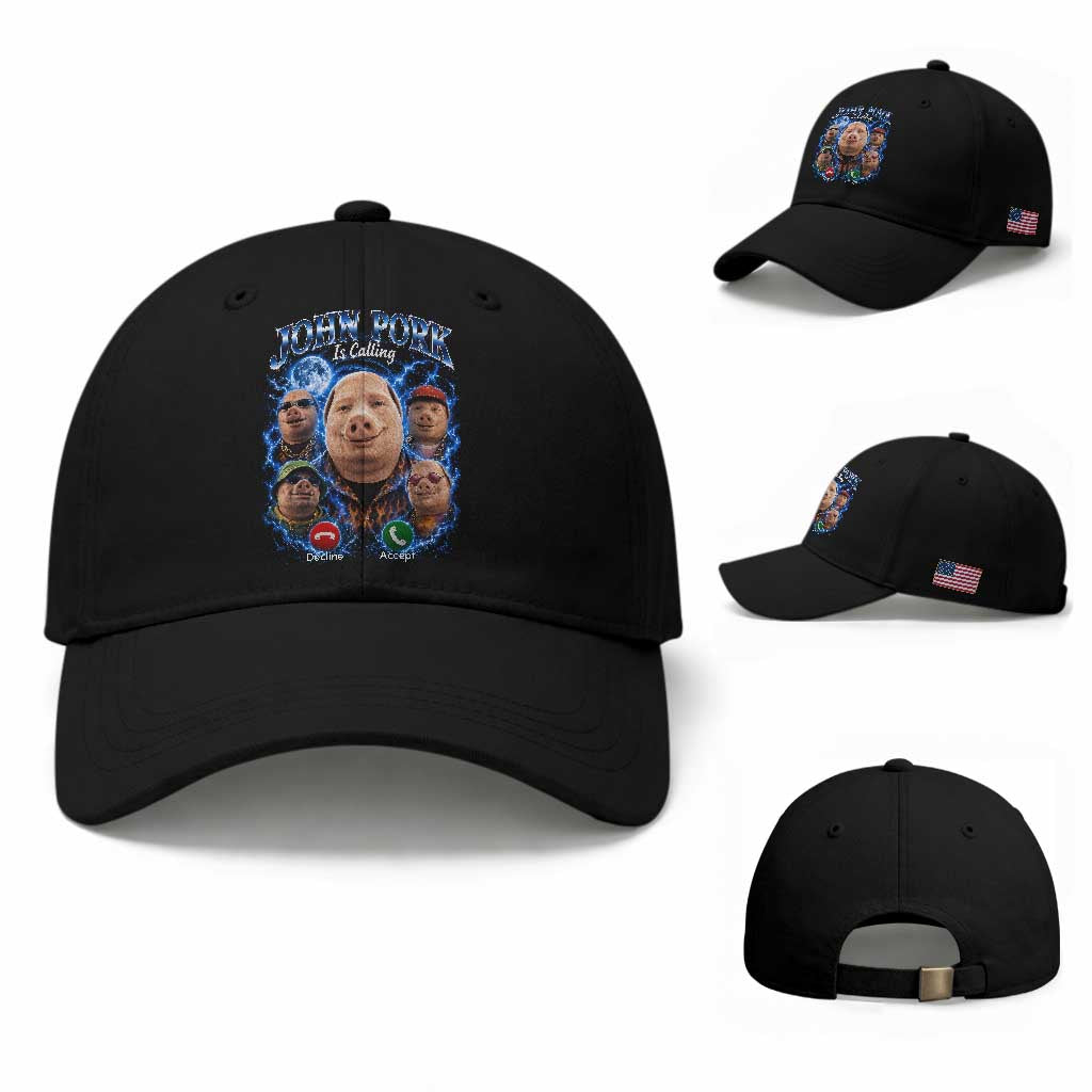 John Pork Calling Baseball Cap Funny Answer Call Phone Brainrot Meme Vintage Bootleg Graphic TS10 Baseball Cap Universal Fit Black Print Your Wear