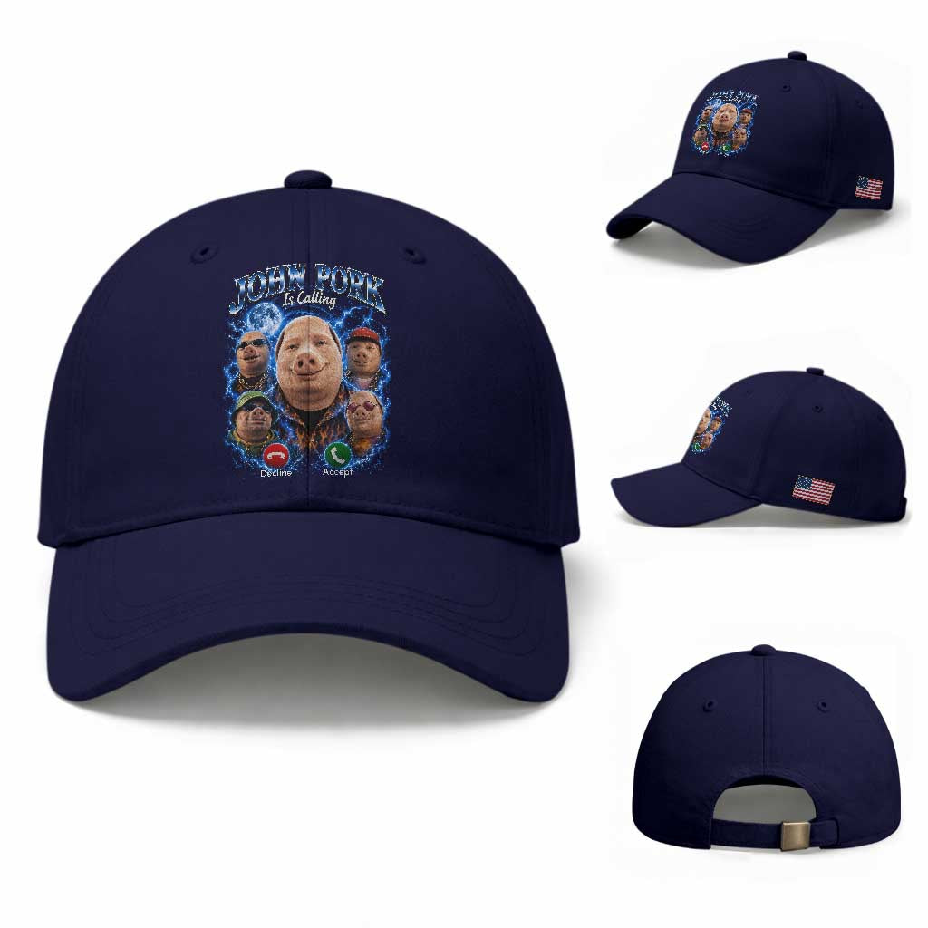 John Pork Calling Baseball Cap Funny Answer Call Phone Brainrot Meme Vintage Bootleg Graphic TS10 Baseball Cap Universal Fit Dark Blue Print Your Wear