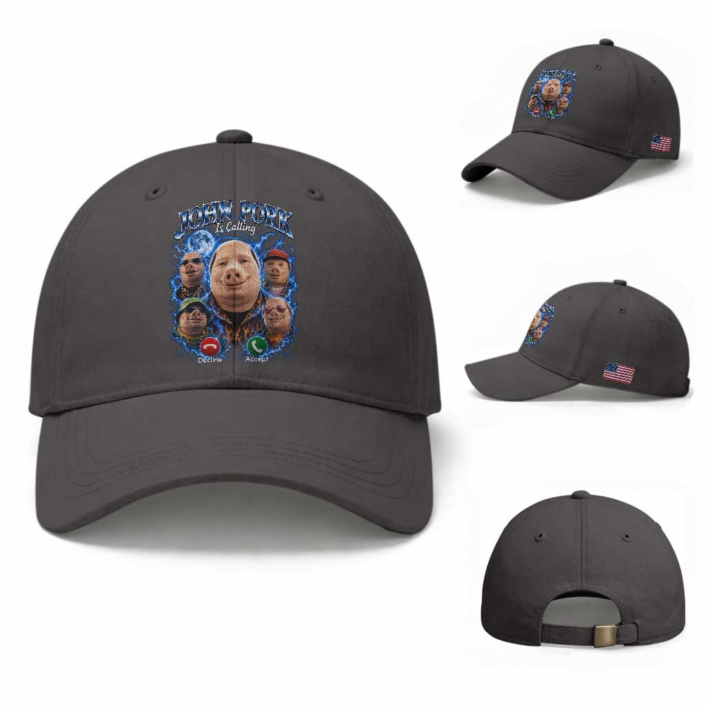 John Pork Calling Baseball Cap Funny Answer Call Phone Brainrot Meme Vintage Bootleg Graphic TS10 Baseball Cap Universal Fit Dark Gray Print Your Wear