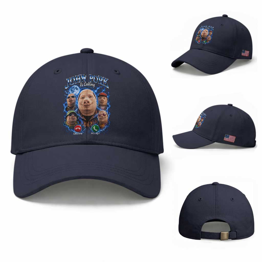 John Pork Calling Baseball Cap Funny Answer Call Phone Brainrot Meme Vintage Bootleg Graphic TS10 Baseball Cap Universal Fit Navy Print Your Wear