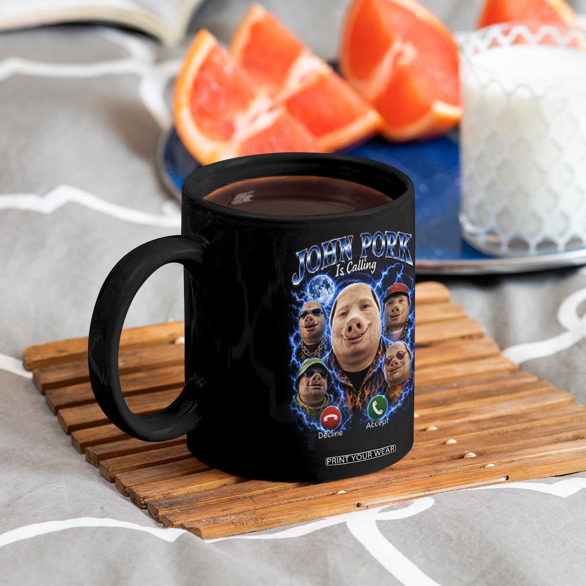 John Pork Calling Coffee Mug Funny Answer Call Phone Brainrot Meme Vintage Bootleg Graphic TS10 Print Your Wear