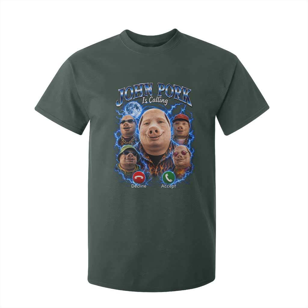 John Pork Calling T Shirt For Kid Funny Answer Call Phone Brainrot Meme Vintage Bootleg Graphic TS10 Dark Forest Green Print Your Wear