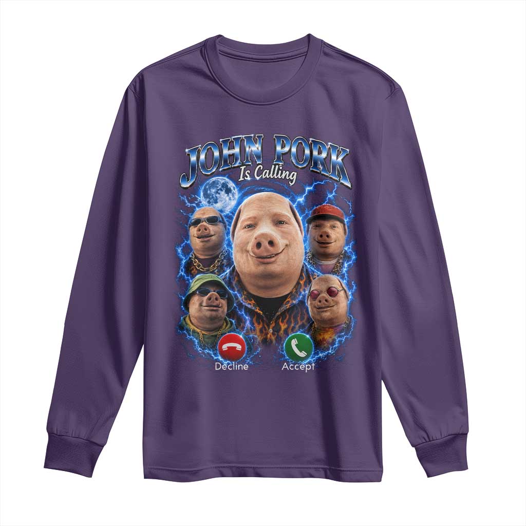 John Pork Calling Long Sleeve Shirt Funny Answer Call Phone Brainrot Meme Vintage Bootleg Graphic TS10 Purple Print Your Wear