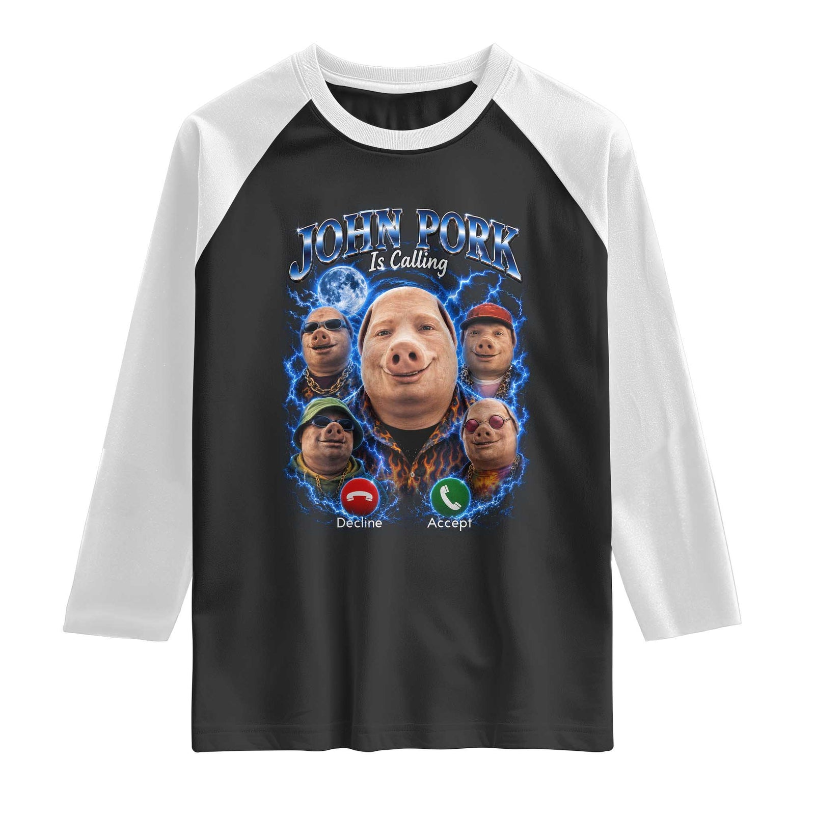 John Pork Calling Raglan Shirt Funny Answer Call Phone Brainrot Meme Vintage Bootleg Graphic TS10 Black White Print Your Wear