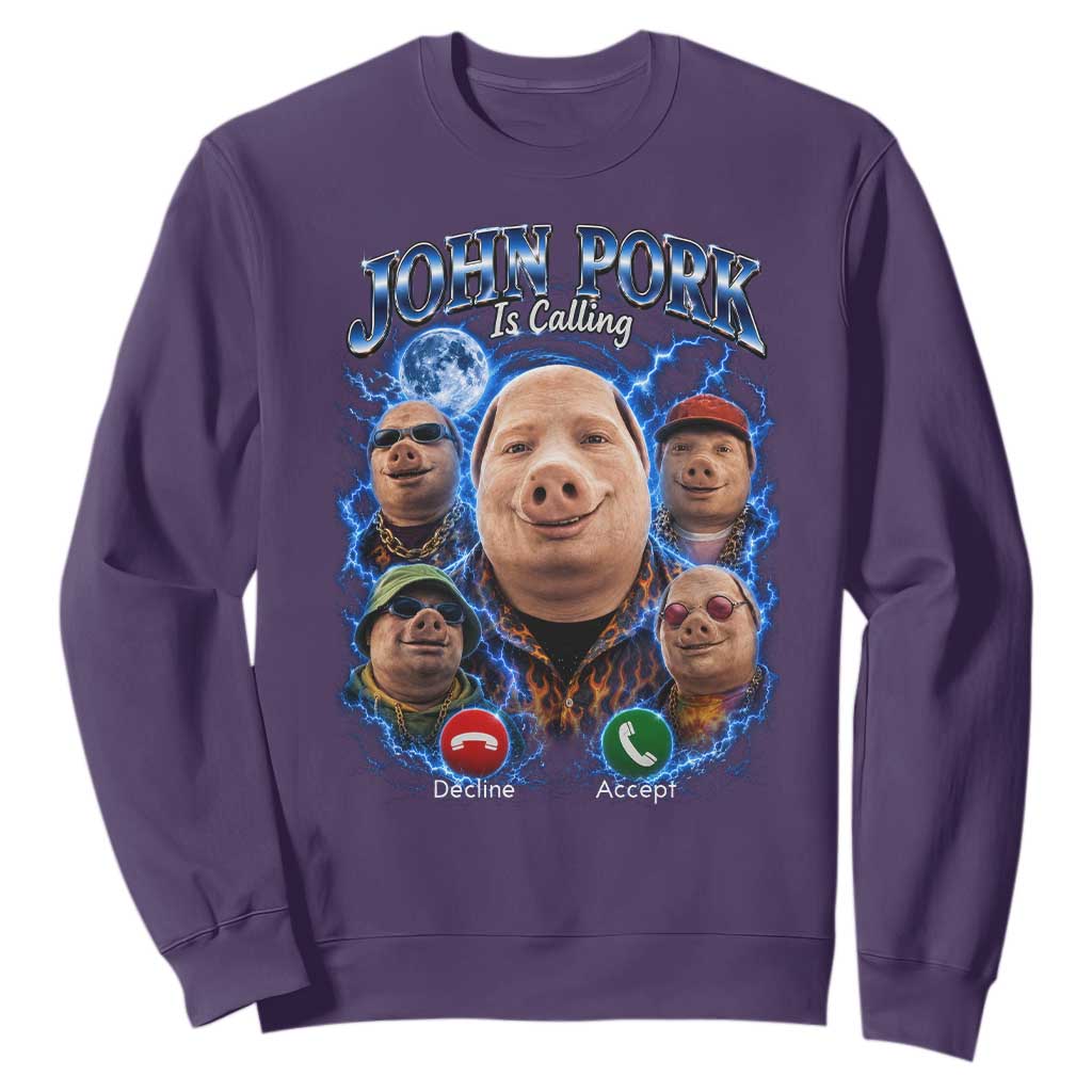 John Pork Calling Sweatshirt Funny Answer Call Phone Brainrot Meme Vintage Bootleg Graphic TS10 Purple Print Your Wear