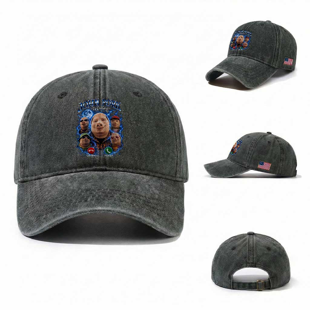 John Pork Calling Washed Cotton Baseball Cap Funny Answer Call Phone Brainrot Meme Vintage Bootleg Graphic TS10 Washed Cap Universal Fit Dark Green Print Your Wear