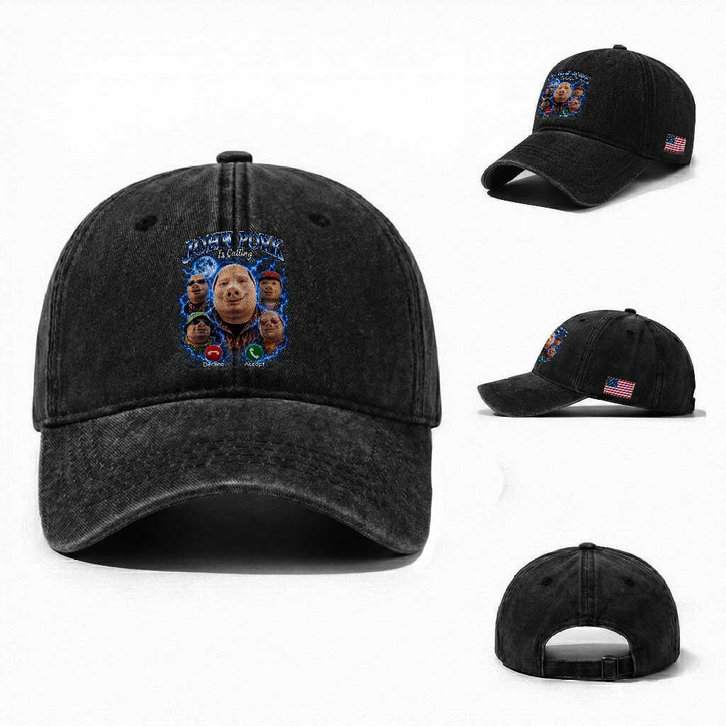 John Pork Calling Washed Cotton Baseball Cap Funny Answer Call Phone Brainrot Meme Vintage Bootleg Graphic TS10 Washed Cap Universal Fit Black Print Your Wear