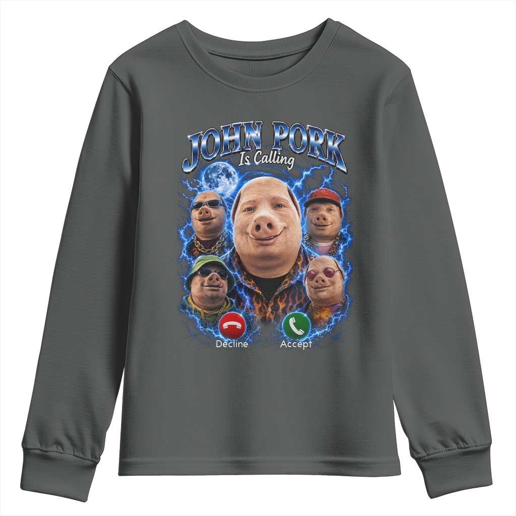 John Pork Calling Youth Sweatshirt Funny Answer Call Phone Brainrot Meme Vintage Bootleg Graphic TS10 Dark Heather Print Your Wear