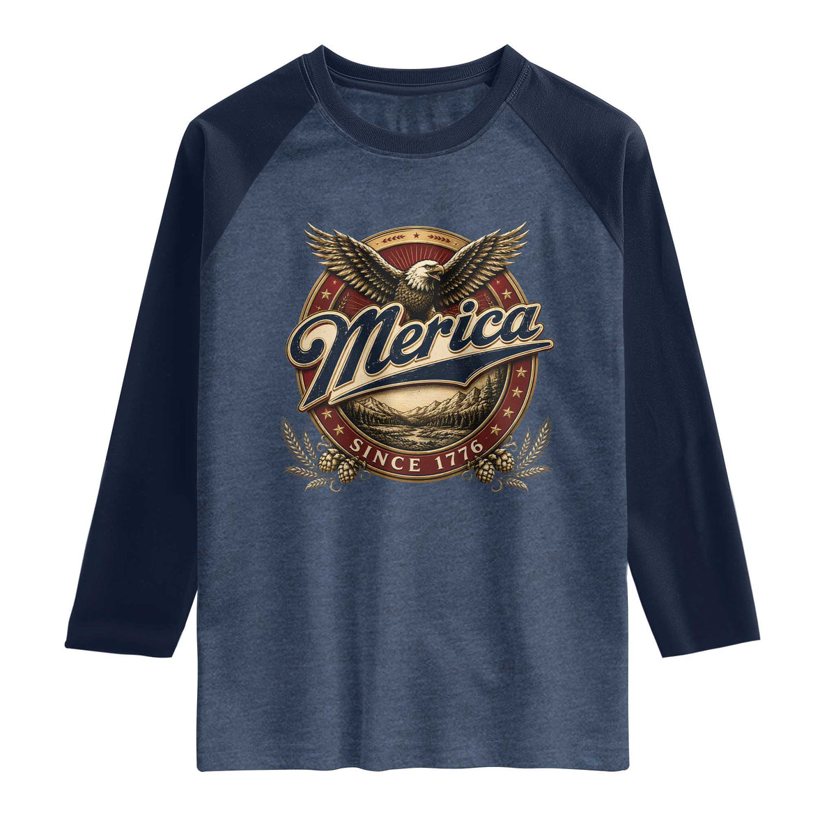 Retro Merica Eagle 4th Of July Raglan Shirt Vintage 1776 Independence Day TS10 Heather Denim Navy Print Your Wear