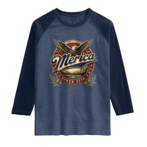 Retro Merica Eagle 4th Of July Raglan Shirt Vintage 1776 Independence Day TS10 Heather Denim Navy Print Your Wear